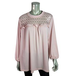 Massini Top Plus Sz 2X Lace Stretch Round Neck Long Sleeve‎ Casual Pullover Pink
